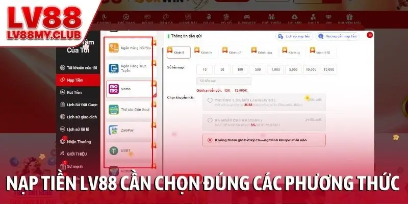Nạp tiền LV88 cần chọn đúng các phương thức
